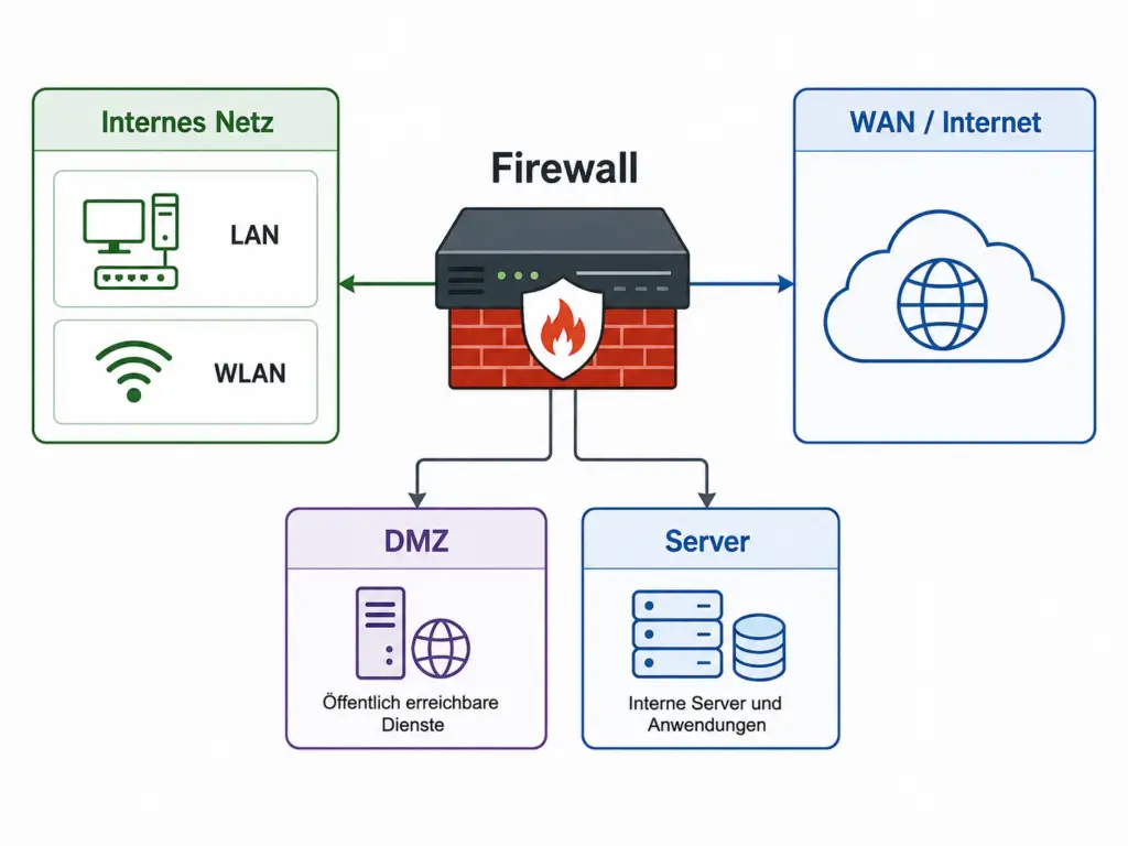 Schematische Darstellung eines Netzwerkes, zentral die Firewall und dann die zu schützenden Zonen