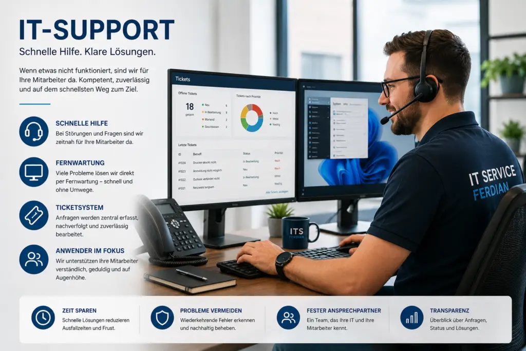 IT-Support & Anwenderbetreuung für Unternehmen: schnelle Hilfe per Fernwartung, zentrale Ticketbearbeitung, persönliche Hilfe für Ihre Mitarbeiter.