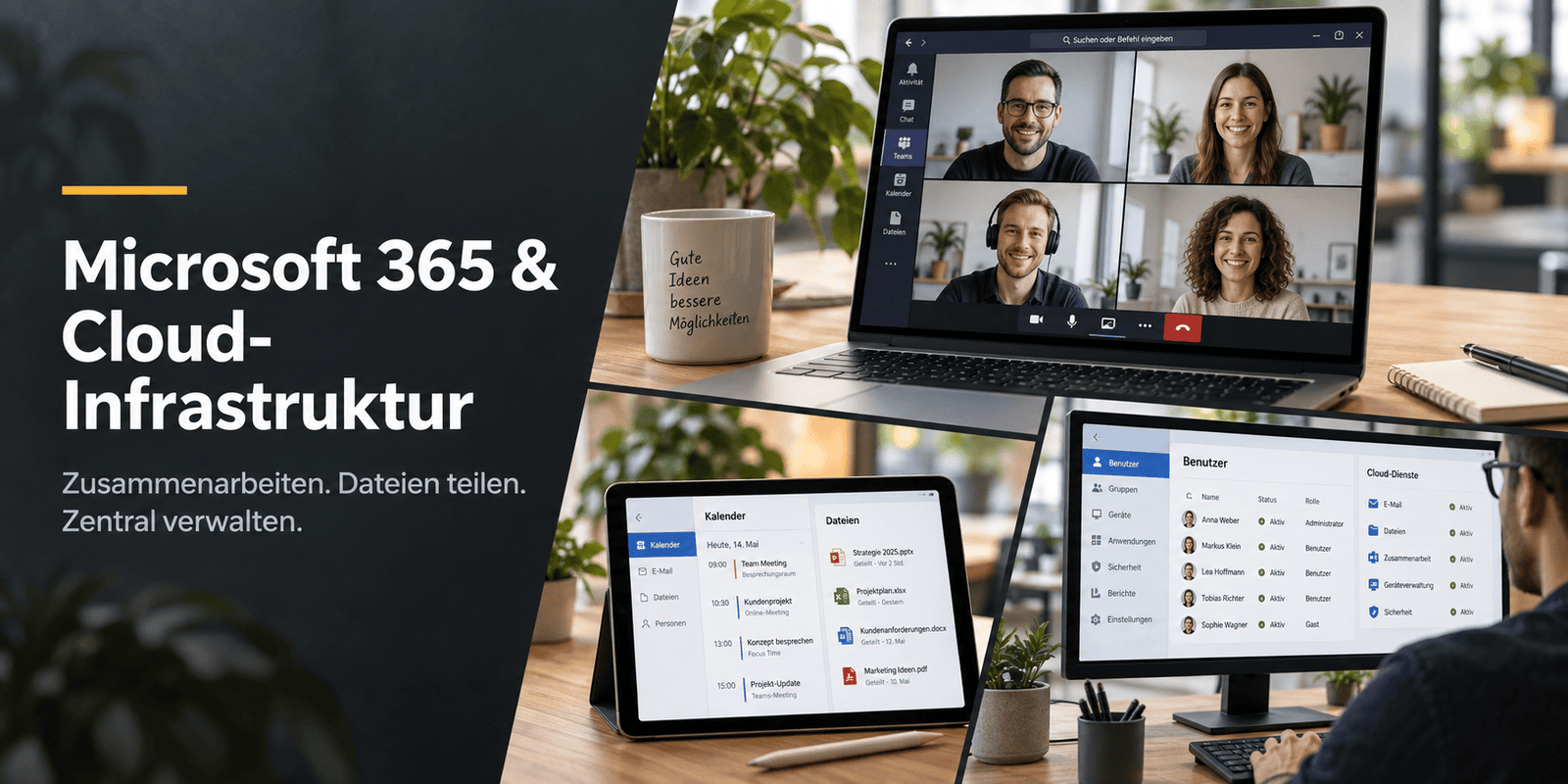 Microsoft 365 für Unternehmen: Einrichtung, Migration und Betreuung von Exchange Online, Teams, OneDrive, SharePoint und Benutzerzugängen.