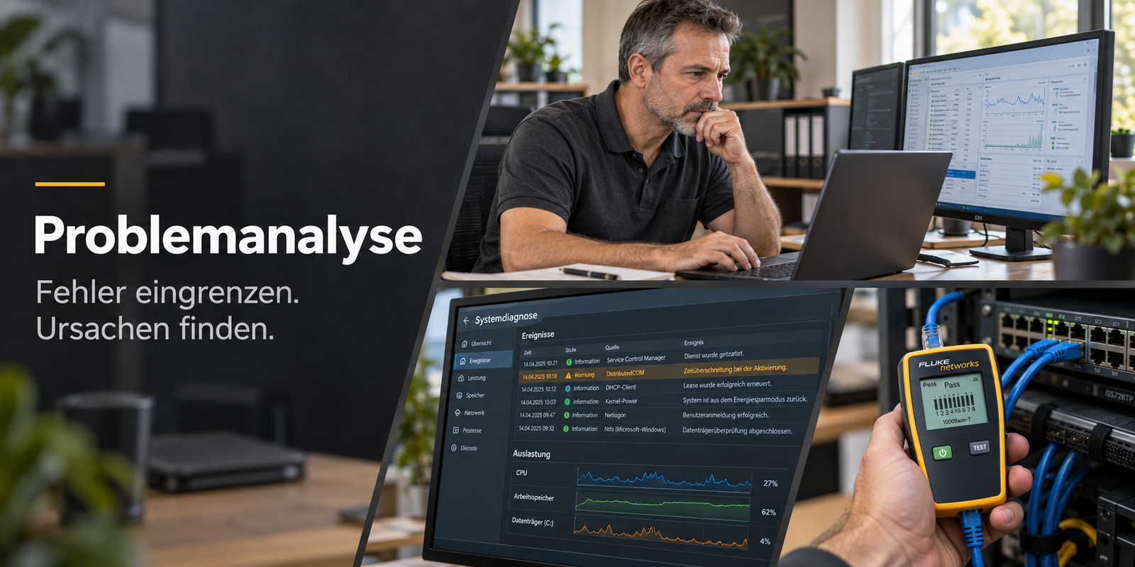 IT-Probleme Neuss ohne klare Ursache? Wir analysieren Fehler in Netzwerk, Servern, Clients und Anwendungen systematisch und finden die Ursachen