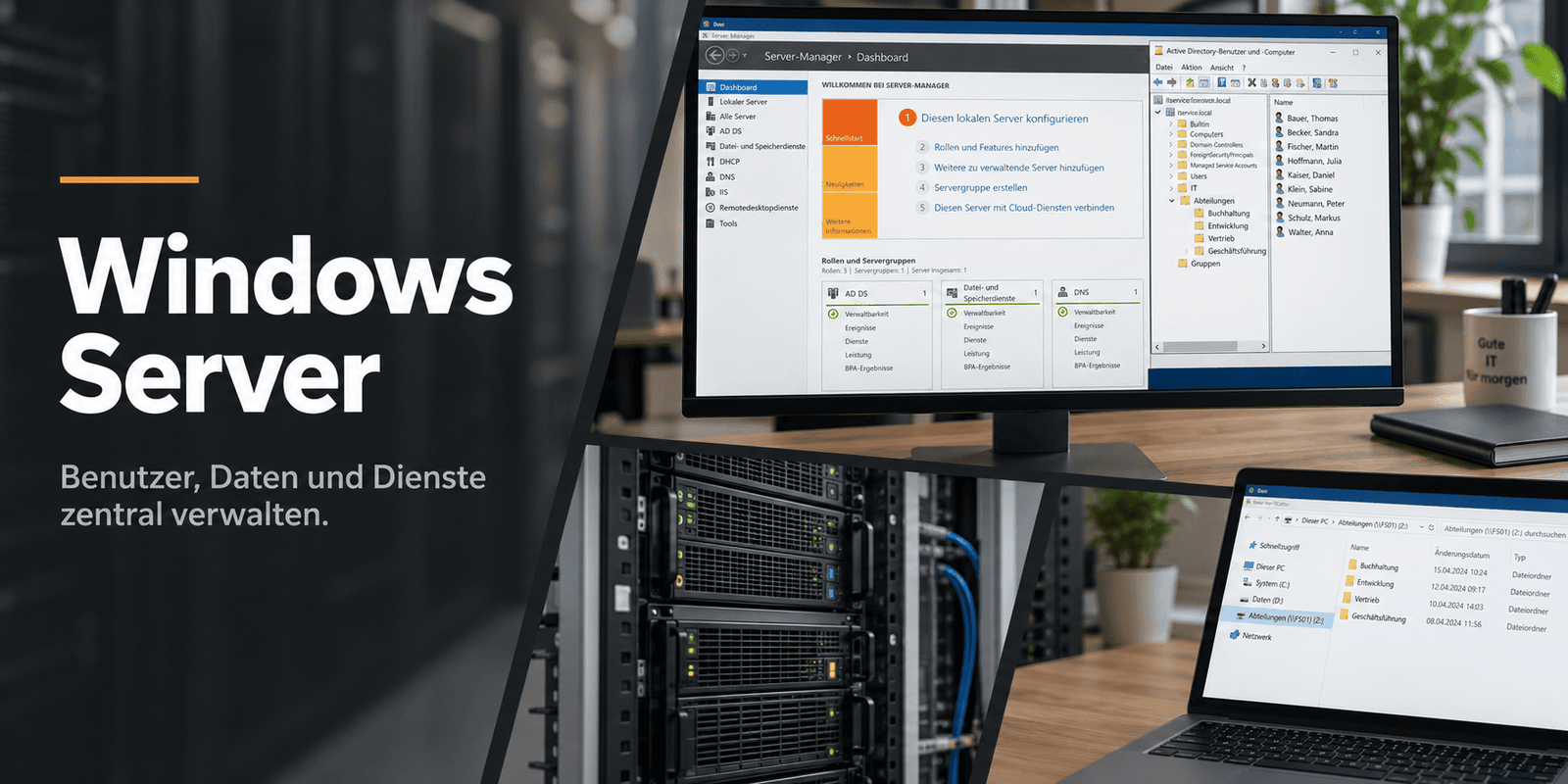Windows Server für Unternehmen: Einrichtung, Active Directory, Dateifreigaben, Berechtigungen, Migration, Updates und Betreuung Ihrer Serverumgebung.