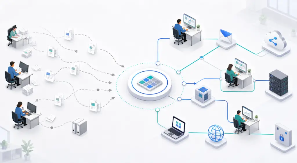 Schematische Darstellung optimierter digitaler Arbeitsabläufe in einem Unternehmen