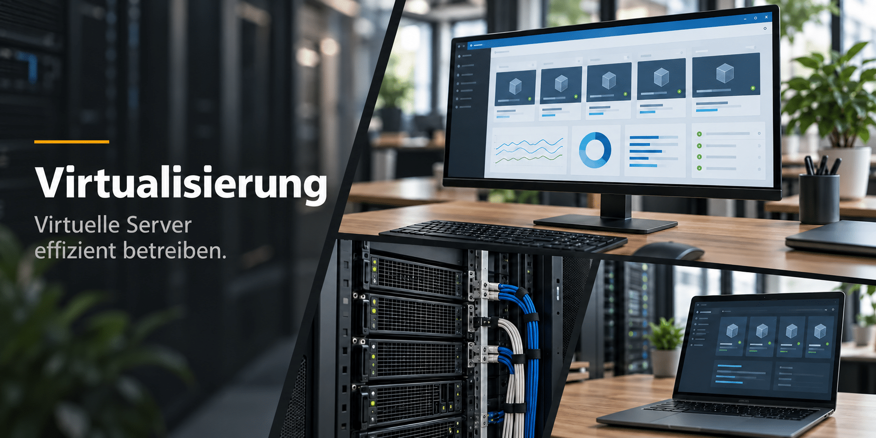 Virtualisierung für Unternehmen: virtuelle Server, Serverrack und Laptop